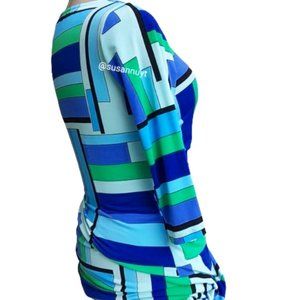 VTG KIM ROGERS Faux Wrap Color Block Green Blue Vivid Geometric Midi Dress Sz S